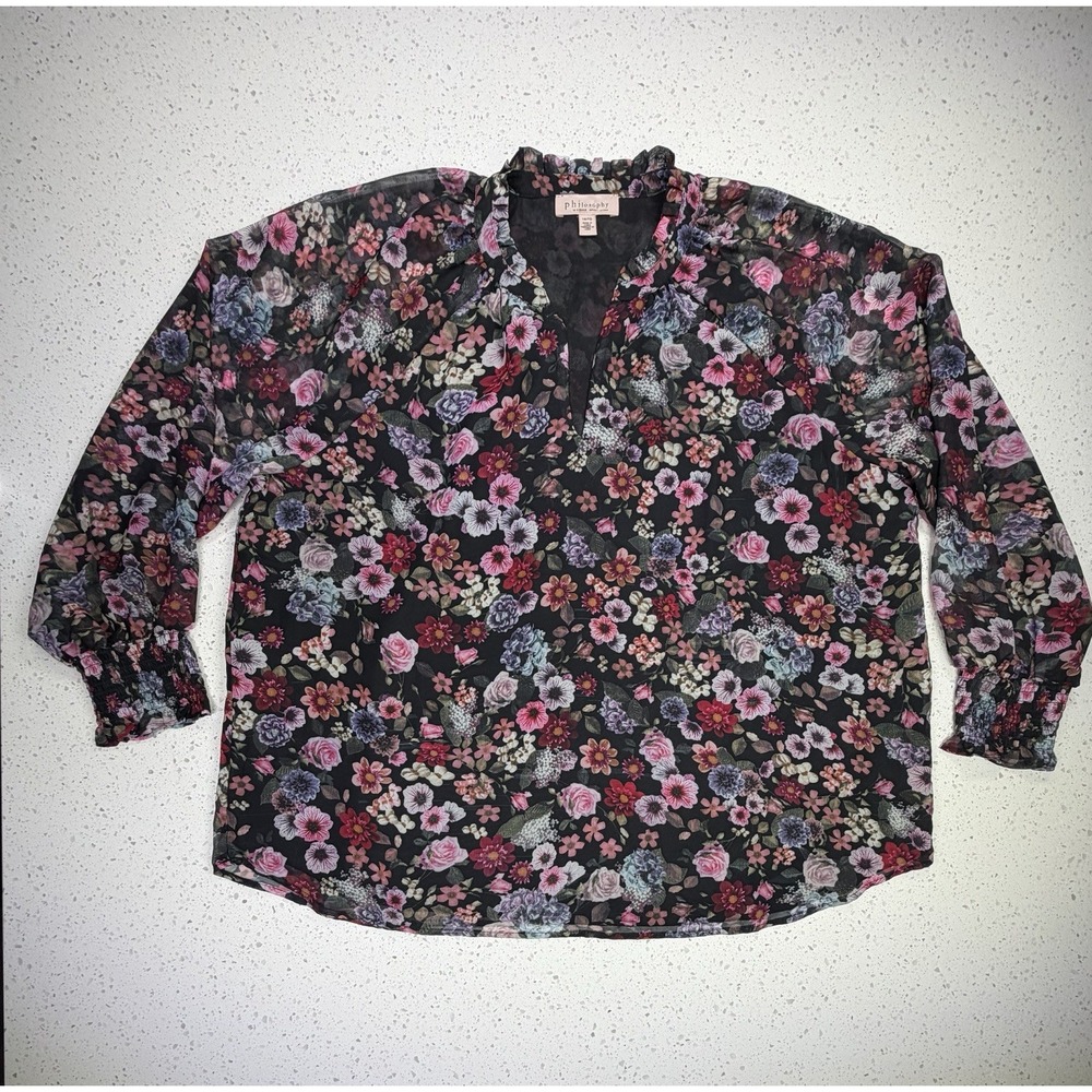 Philosophy Floral Ruffle Sheer Chiffon V-Neck Long Sleeve Blouse 1XTG